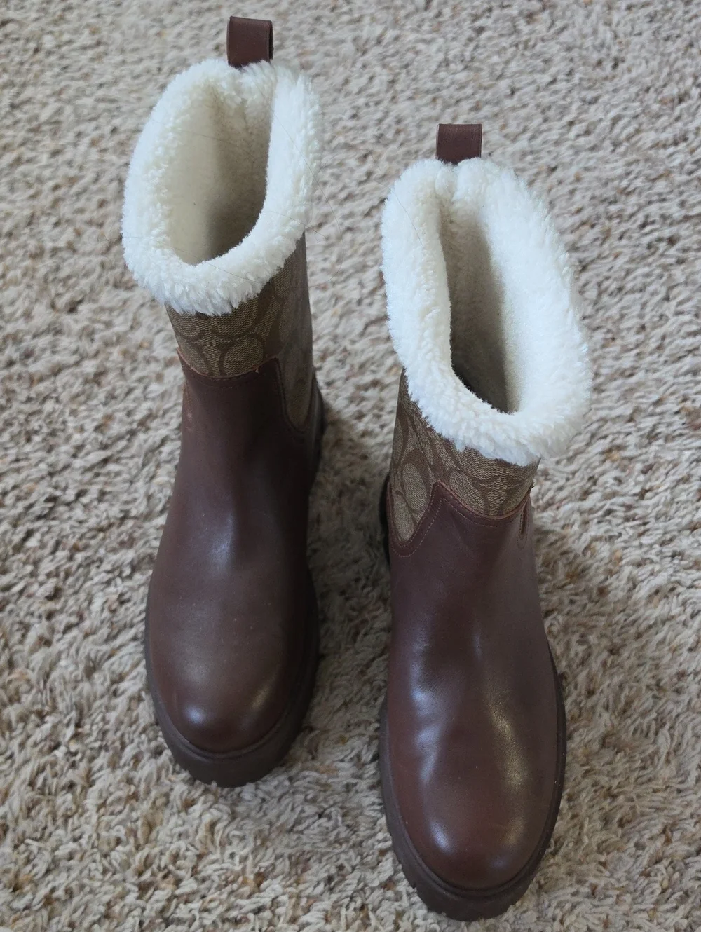 Coach Brown Shearling-Trim Winter Pull-On Boots